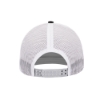 White mesh snapback hat with an adjustable plastic closure and black top button.