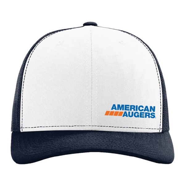 Navy and white trucker hat with a white front panel, American Augers logo on the left front, navy mesh back, and curved navy bill.