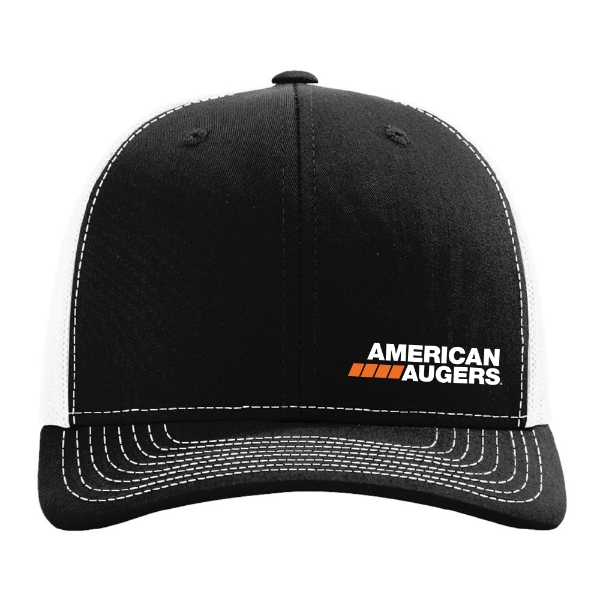 Black and white trucker hat with a black front panel featuring the American Augers logo, white mesh back, and curved black bill.
