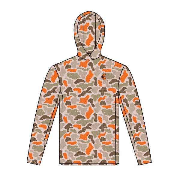 Camo performance hoodie with orange and earth‑tone pattern, featuring a small Ditch Witch moon logo on the left chest and an attached hood.