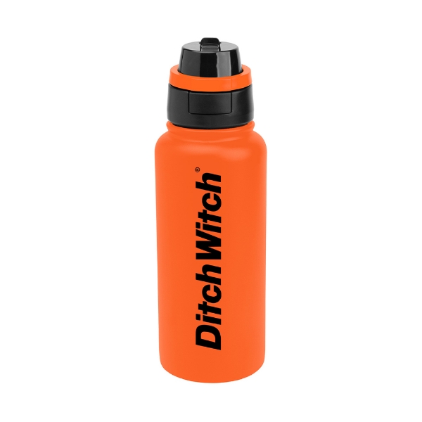 Orange 32 oz stainless steel water bottle with a black pop‑sip chug lid and vertical black Ditch Witch wordmark on the front.