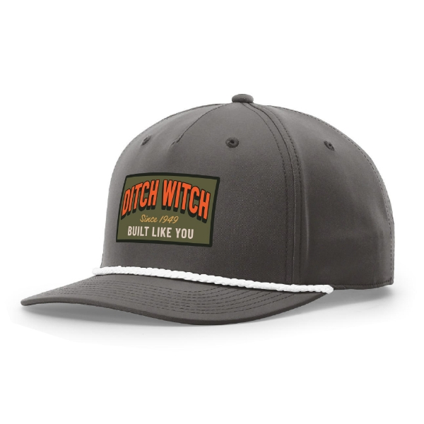 Charcoal baseball cap with a curved bill, white rope accent, and a rectangular “Ditch Witch Since 1949 – Built Like You” patch on the front.