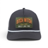 Charcoal Ditch Witch hat with a “Built Like You” patch, featuring orange lettering on a green background and a white rope accent across the bill.