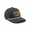 Side angle of a charcoal Ditch Witch hat with a rectangular “Built Like You” patch and structured crown design.