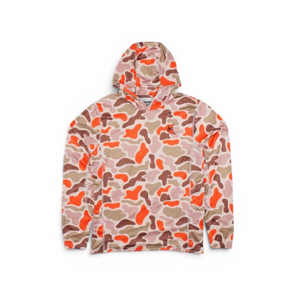 Camo performance hoodie with orange and earth‑tone pattern, featuring a small Ditch Witch moon logo on the left chest and an attached hood.