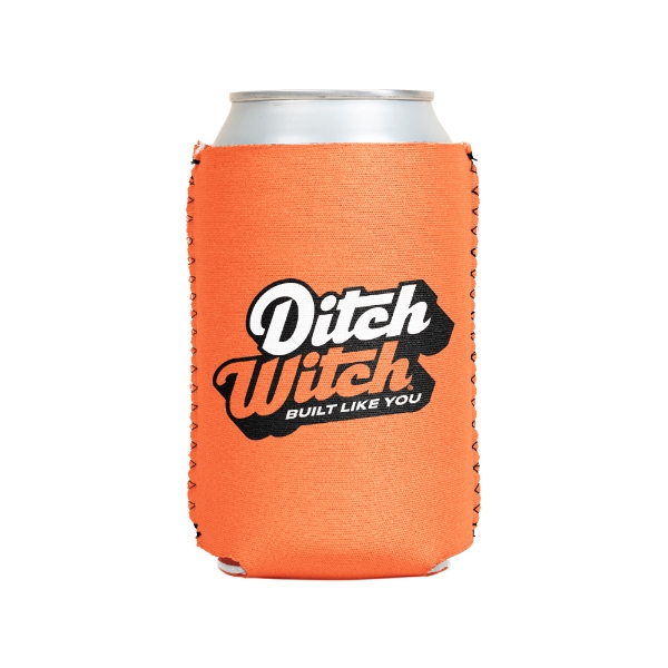 Orange magnetic can koozie featuring a “Ditch Witch Built Like You” script logo and stitched edges wrapped around a standard beverage can.