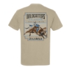 Back of Ditch Witch x Oklahoma Wildcatters Sand T-shirt featuring full-color bucking rider graphic and "Built Like You" artwork