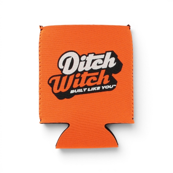 Orange magnetic can koozie featuring a “Ditch Witch Built Like You” script logo and stitched edges
