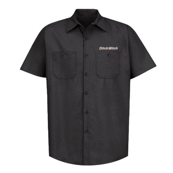 Black short‑sleeve button‑up work shirt with two chest pockets and an embroidered Ditch Witch wordmark on the left chest.