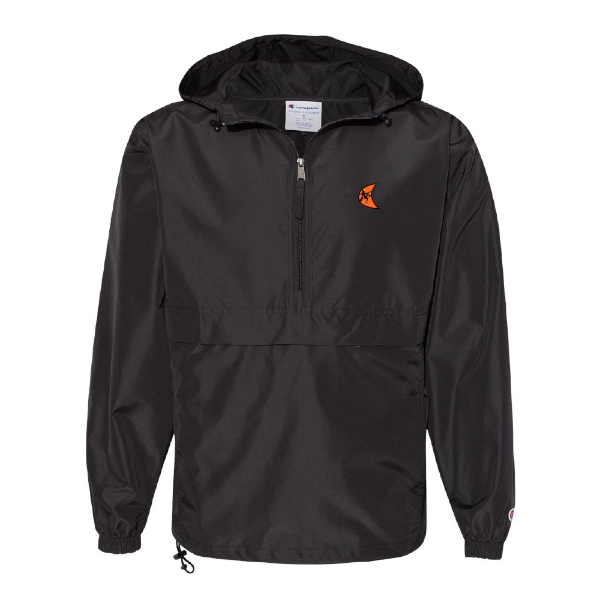 Ditch Witch® black Champion packable anorak jacket with embroidered orange logo, adjustable hood, and half-zip front