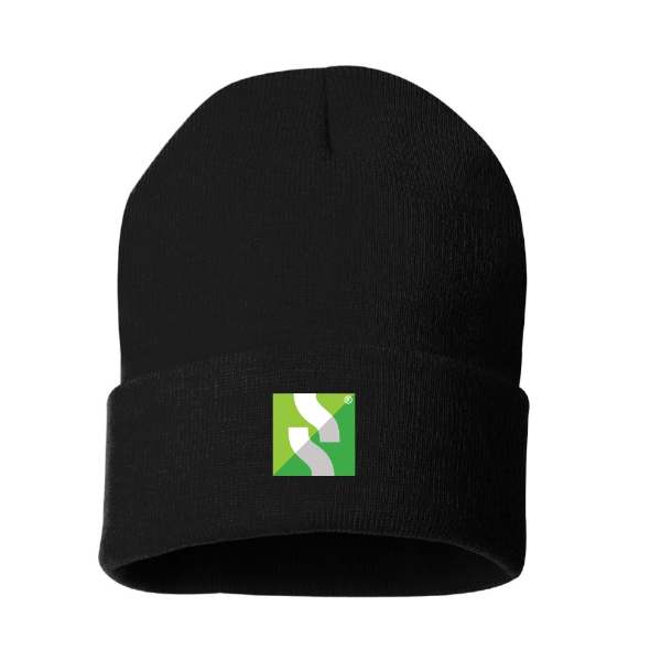 Black Subsite® knit beanie featuring a woven Subsite logo patch on the cuff