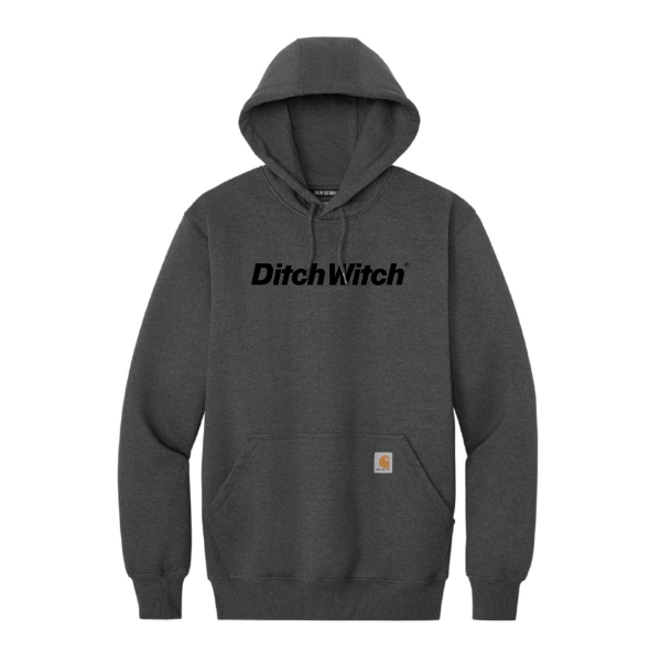 Ditch Witch® Carhartt® Carbon Heather hooded sweatshirt featuring a bold black chest logo and front handwarmer pocket