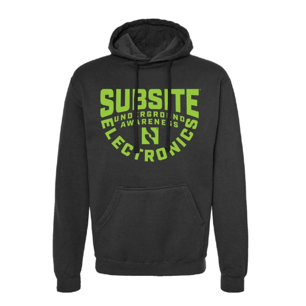 Black Subsite® Electronics hoodie featuring a bold lime green Underground Awareness graphic on the front