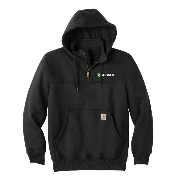 Black Subsite® Carhartt® heavyweight quarter-zip hoodie featuring an embroidered Subsite logo, Rain Defender® fleece, hood, and front handwarmer pocket