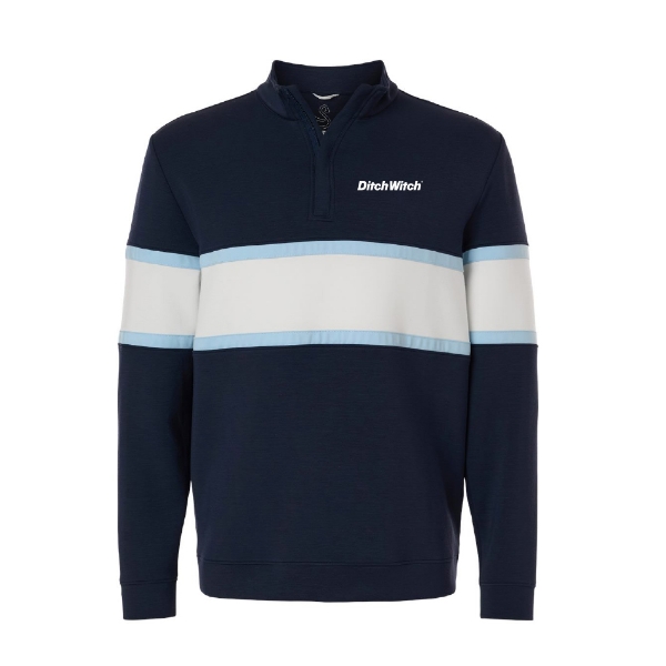 Ditch Witch® Swannies colorblock quarter-zip pullover in navy, white, and light blue featuring an embroidered logo on the left chest