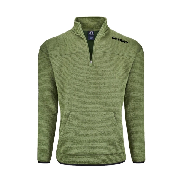 Ditch Witch® Pebble Fleece Quarter-Zip in Moss featuring an embroidered black logo, textured fleece fabric, quarter-zip collar, and front kangaroo pocket