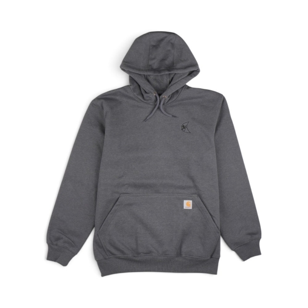 Ditch Witch® Carhartt® Carbon Heather hooded sweatshirt featuring a bold black chest logo and front handwarmer pocket
