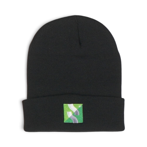 Black Subsite® knit beanie featuring a woven Subsite logo patch on the cuff