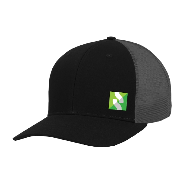 Black and charcoal Subsite Giveaway Hat with screen-printed green and white Subsite icon and mesh back.
