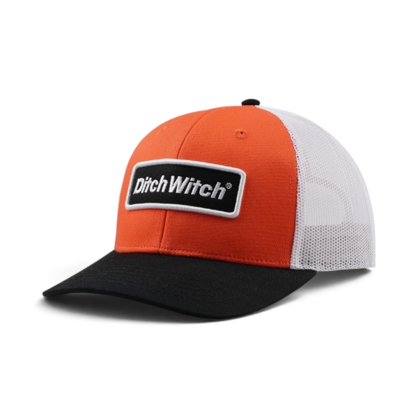 Ditch Witch Tri Color Hat shown from the front left, featuring an orange crown, black bill, white mesh back, and Ditch Witch logo patch.