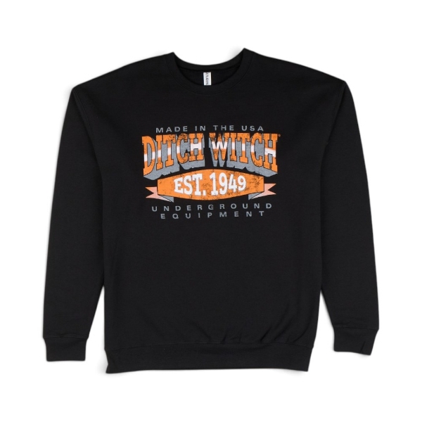 Black Ditch Witch Ditch Vintage Crewneck with a distressed orange, white, and gray “Made in the USA Ditch Witch Est. 1949 Underground Equipment” graphic on the chest.
