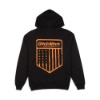 Back view of the black Ditch Witch Flag Hoodie featuring a large distressed orange Ditch Witch Made in America flag shield graphic.