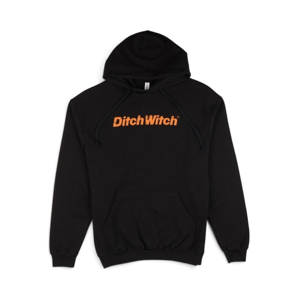Black Ditch Witch Flag Hoodie with an orange Ditch Witch wordmark across the chest and a front pouch pocket.