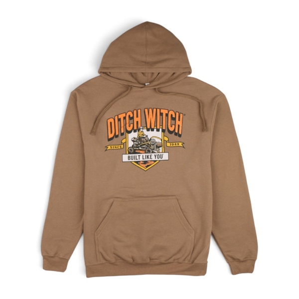 Light brown Ditch Witch Built Like You Hoodie with a large vintage-inspired chest graphic featuring Ditch Witch equipment, “Since 1949,” and “Built Like You” text.