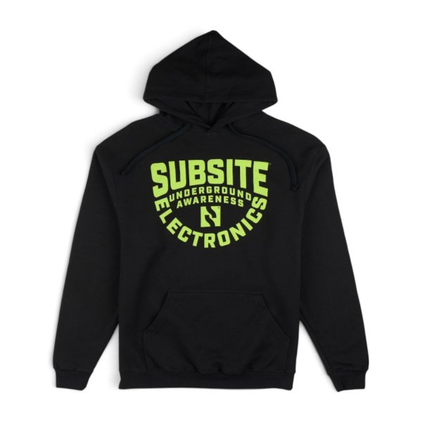 Black Subsite® Electronics hoodie featuring a bold lime green Underground Awareness graphic on the front