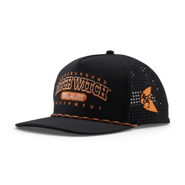 Ditch Witch Black Performance Hat shown from the front right with perforated side panels, embroidered Ditch Witch branding, and an orange moon logo on the side.