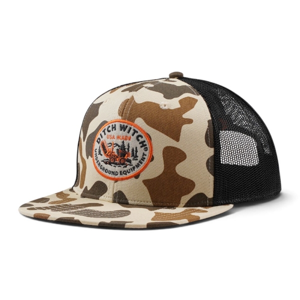 Ditch Witch Duck Camo Patch Hat shown from the front right, featuring tan and brown camouflage, black mesh panels, and the embroidered Ditch Witch patch.