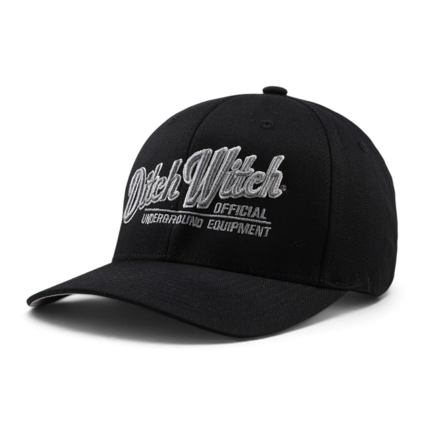 Ditch Witch® Fitted Baseball Hat shown from the front right, featuring a black fitted design and silver embroidered Ditch Witch logo.