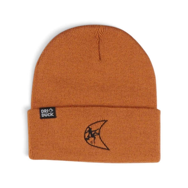 Brown Ditch Witch DRI DUCK Beanie with a folded cuff, black embroidered Ditch Witch moon logo, and DRI DUCK brand tag.