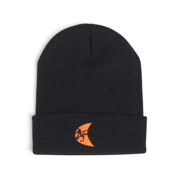Black Ditch Witch Beanie with a folded cuff and embroidered orange Ditch Witch moon logo on the front.