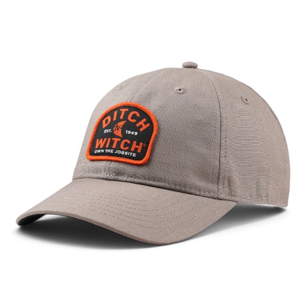 Ditch Witch Ripstop Hat shown from the front right, featuring gray ripstop construction, a curved bill, and black-and-orange Ditch Witch patch.