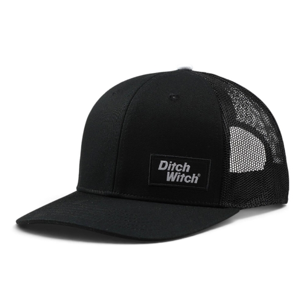 Ditch Witch Logo Black Hat shown from the front right, featuring an all-black trucker-style design with black mesh panels and a Ditch Witch logo patch.