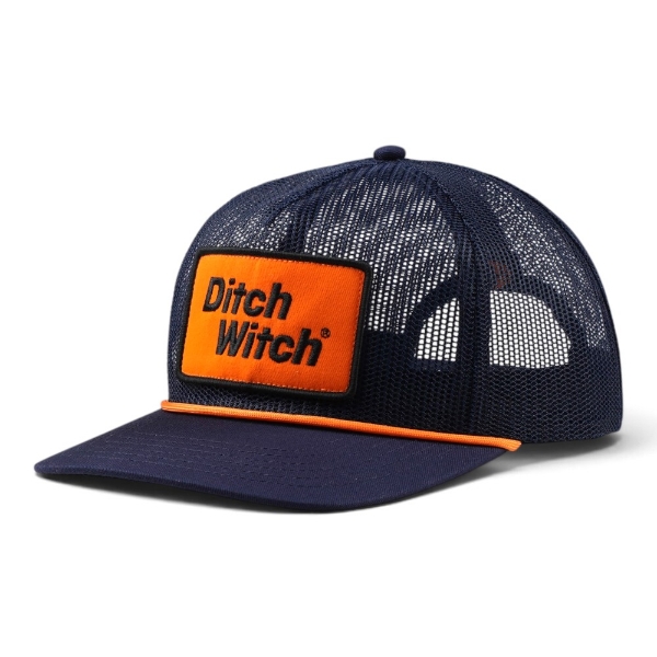 Ditch Witch Navy Mesh Hat shown from the front right, featuring navy mesh construction, an orange rope detail, and a bold orange-and-black Ditch Witch patch.