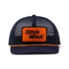 Navy Ditch Witch Mesh Hat with a large orange Ditch Witch logo patch, navy mesh crown, and orange rope detail across the front.