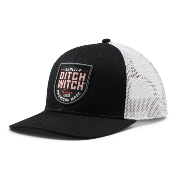 Ditch Witch American Made Hat shown from the front right, featuring a black-and-white trucker design and embroidered Ditch Witch American Made patch.