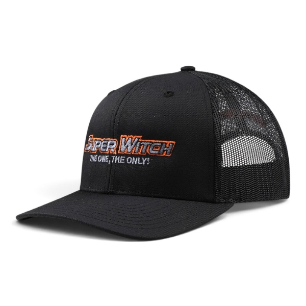 Super Witch Cap shown from the front right, featuring a black trucker-style design with mesh panels and orange-and-gray Super Witch embroidery.