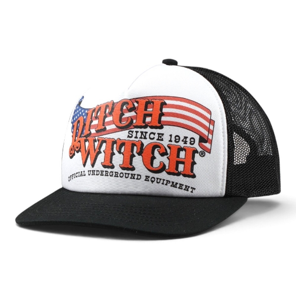 Ditch Witch Flag Hat shown from the front right, featuring a white front panel with Ditch Witch and American flag artwork, black mesh back, and black curved bill.