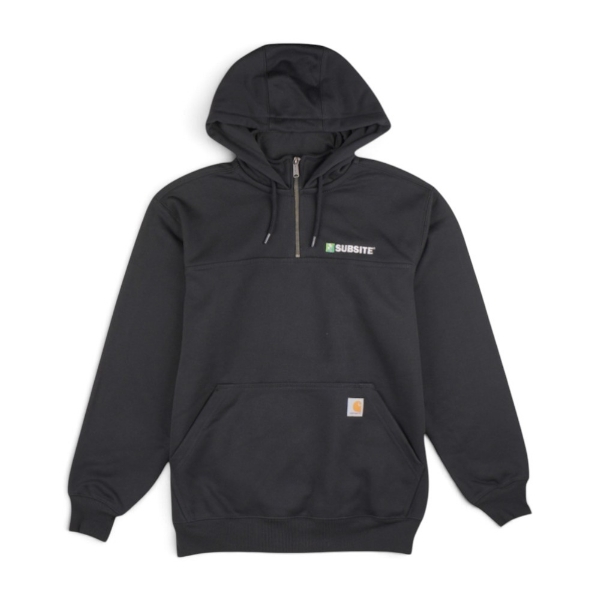 Black Subsite Carhartt Hoodie with a quarter-zip front, hood, kangaroo pocket, embroidered Subsite logo on the left chest, and Carhartt label near the pocket.