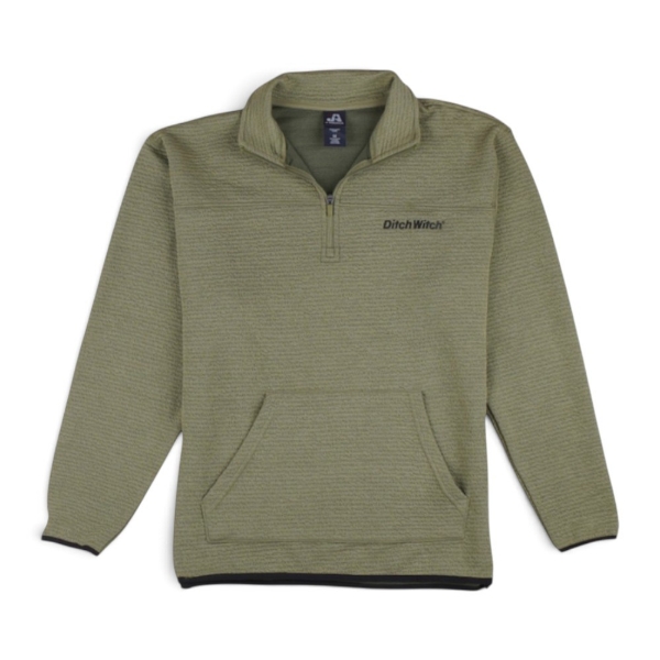 Ditch Witch® Pebble Fleece Quarter-Zip in Moss featuring an embroidered black logo, textured fleece fabric, quarter-zip collar, and front kangaroo pocket