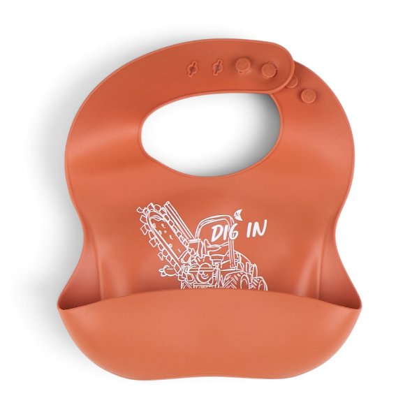 Orange Dig In Silicone Bib with a built-in food-catching pocket and white Ditch Witch-inspired “Dig In” equipment graphic.