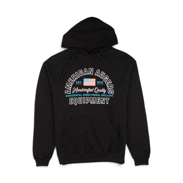 Black American Augers® hoodie featuring a heritage-inspired "Handcrafted Quality" front graphic with American flag design and left sleeve logo