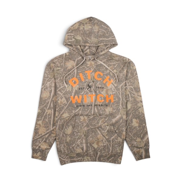 Ditch Witch® Own the Jobsite heavyweight hoodie in Deadwood Tree Camo featuring bold orange front graphic
