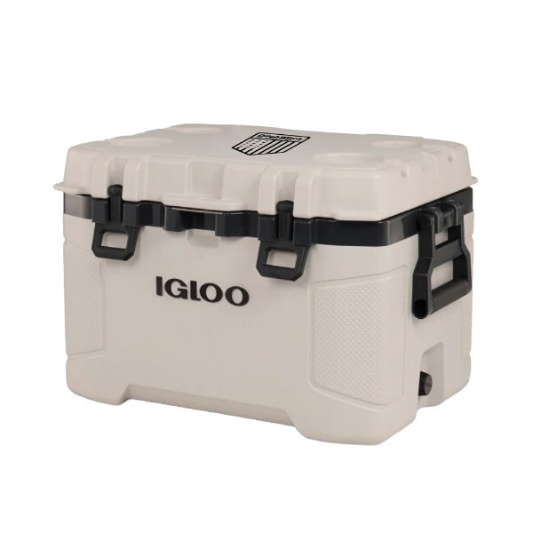Bone-colored Ditch Witch Igloo Cooler with black latches and handles, Igloo logo on the front, and Ditch Witch Made in America graphic on the lid.